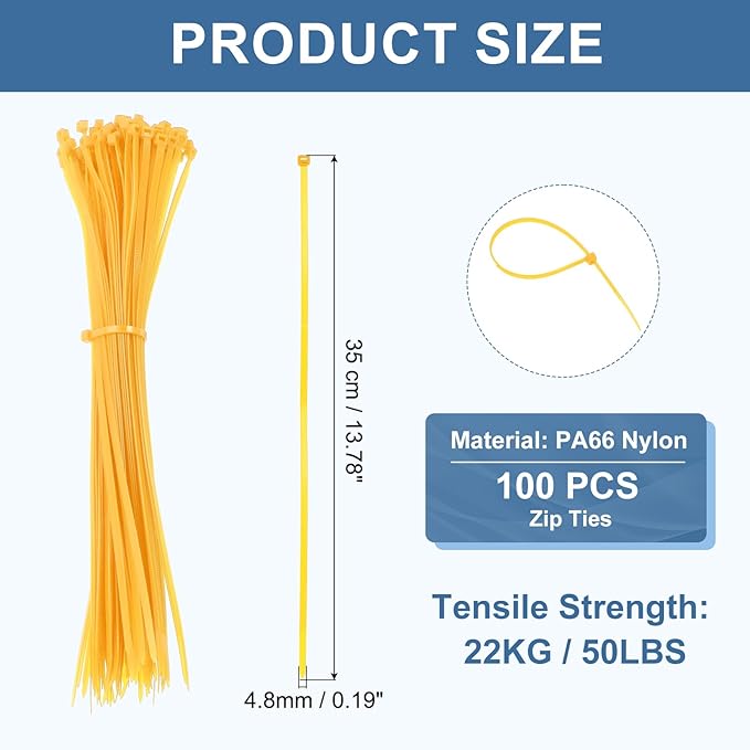 PATIKIL Cable Zip Ties 14 Inch, 100 Pcs Self-Locking Nylon Wire Tie Wraps Heavy Duty Cord Management with 50 lbs Tensile Strength for Indoor and Outdoor, Yellow (0.2" W)