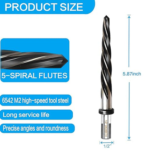 1/2” Bridge Construction Reamer Drill Bit, M2 HSS Taper Chucking Reamer for Steel Alloy Metal Wood Plastic, 1/2" Non-Slip Shank, 5-Spiral Flutes Car Reamer, to Align or Enlarge Holes, 12mm