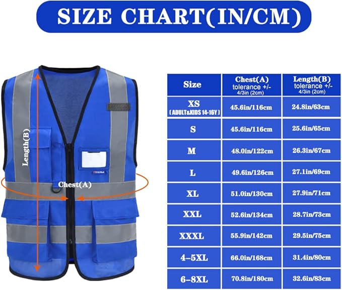 A-SAFETY Blue Safety Vest Reflective Work Vest,Hi Vis Bright Neon Color with 4 Reflective Strips 7 Pockets,XXL