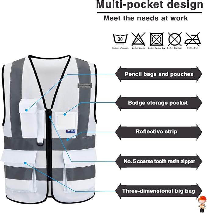 A-SAFETY Hi Reflective Safety Vest,Hi Vis Bright Neon Colors Safety Vest with 4 Reflective Strips 7 Pockets(White XXXL)