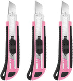 3-Pack Box Cutter, 18mm Wide Blade Utility Knife Retractable, Pink Box Cutter with Quick Change Blade and Lanyard Hole Design, Exacto Knife Suitable for DIY, Office, Arts Crafts and Home