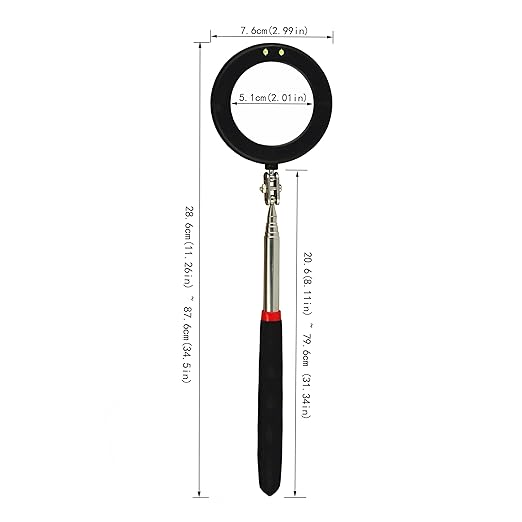 Telescoping Inspection Circular 360 Mirror with 2 LED Light Mirror and Mirror on a Stick and Extendable Mechanic Tool for Automotive Flexible Circular Mirror Diabetic Mirror for feet