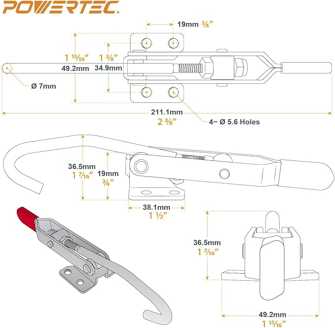 POWERTEC 4PK Toggle Clamp, 375 lbs Holding Capacity, 451 Adjustable Pull Action Latch for Smoker, Tool Box, Woodworking Jigs and Fixtures, Cabinet, Lids, Door, Truck (20308-P4V)