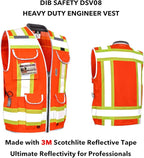 Dib Safety Reflective Vest Heavy Duty, High Visibility Two Tone Engineer Vest, Made with 3M Tape, Padded Collar, Retractable ID Pocket, Orange 2XL