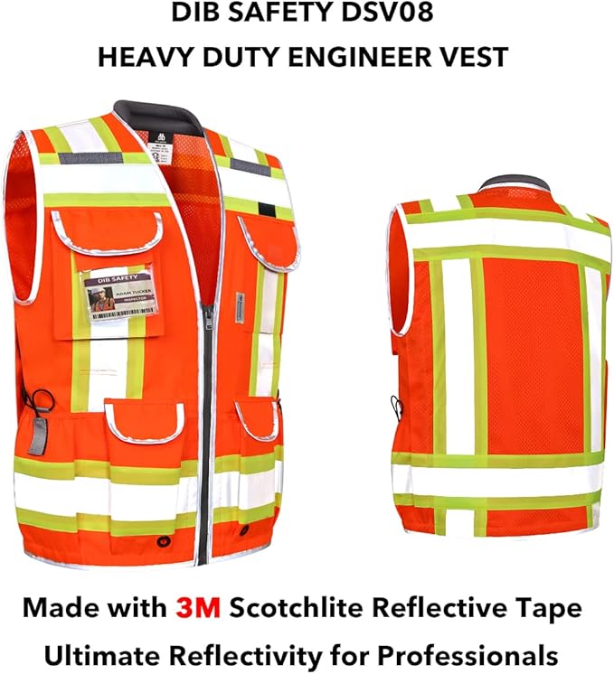 Dib Safety Reflective Vest Heavy Duty, High Visibility Two Tone Engineer Vest, Made with 3M Tape, Padded Collar, Retractable ID Pocket, Orange M