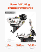 VEVOR Metal Horizontal Band Saw, 7 x 8.25 in Rectangular Cutting Capacity, 110/220V Vertical Cutting Bandsaw with 1.1 kW Motor, 0-45° Angle Adjustment, Variable Speed, for Metal, Wood, and Plastic