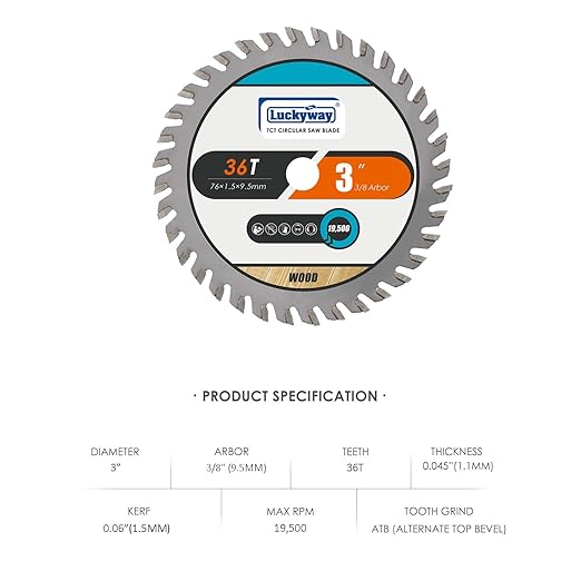 Luckyway 3 Inch Circular Saw Blades 36T with 3/8 Inch Arbor TCT(Tungsten Carbide Tooth) for Cutting Wood, Plastic, PCV, Acrylic, Aluminum, 3-Pack