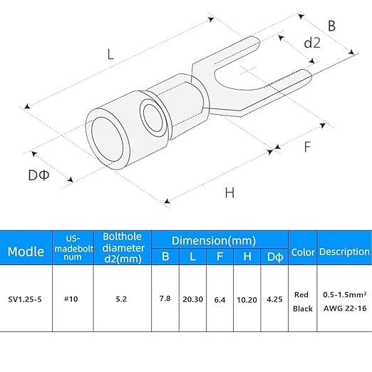 200PCS PVC Insulated Fork Spade Terminals,AWG22-16 Copper U-Type Wire Connectors,Stud Size #10 Fork Electrical Crimp Terminals