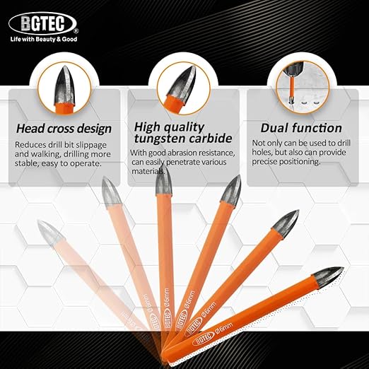 Carbide Tip Drill Bit-BGTEC Wood Drill Bits, 10pcs Round Shank 3/8" Cross Hard Alloy Drill Bits for Wood Plastic Masonry Brick
