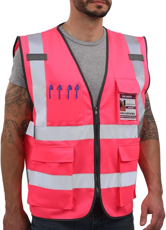 Dib Safety Reflective Vest High Visibility with Pockets and Zipper, Pink 2XL