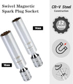 AEROFORCE 14PCS 3/8-Inch Drive Swivel Magnetic Spark Plug Socket Set with 3/8'' Torque Wrench (5-45 Lb.ft/6.8-61.2 Nm), Universal Joint & Extension Bar - Durable CR-V Steel for Easy Spark Plug Removal