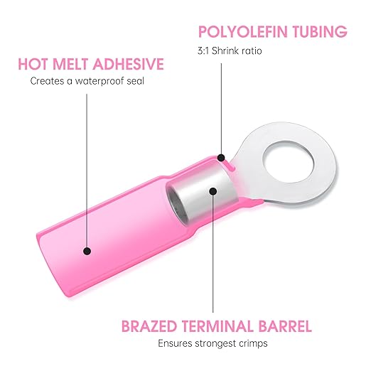100 Pack Heat Shrink Ring Terminals - #10 - Red 22-16 AWG Marine Grade Heat Shrink Wire Connectors - Tinned Red Copper Eyelet Wire Connectors