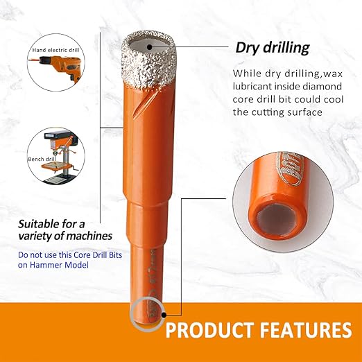 Dry Diamond Drill Bit Set,BGTEC 2pcs 5/16" 8mm Hole Saw for Granite,Marble,Masonry, Concrete, Tile/Ceramic, Glass, Hard Plastic,Vacuum Brazed Diamond Core Drill Bit Kit