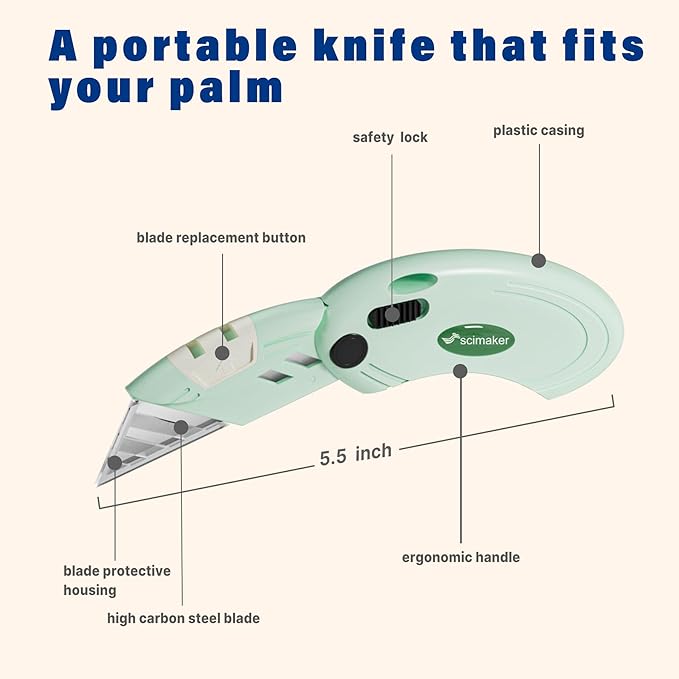 4 Pack Folding Utility Knife with 10 Extra Blades,Box Cutters with Button Lock Mechanism,Navajas Para Trabajo for Home,Office and Warehouse,White.