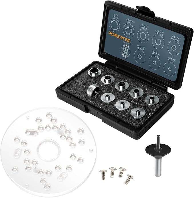 POWERTEC 72148 10pc Router Template Bushing Guides Set 5/16 to 1 Inch Fits Porter Cable Router Sub Bases & Dia 5-3/4" Trim Router Base Plate, Centering Pin and Cone, Perfect for Precision Woodworking