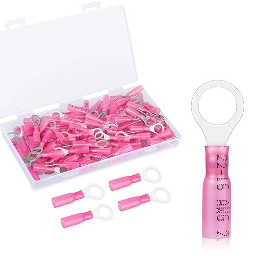 100 Pack Heat Shrink Ring Terminals - 5/16" - Red 22-16 AWG Marine Grade Heat Shrink Wire Connectors - Tinned Red Copper Eyelet Wire Connectors