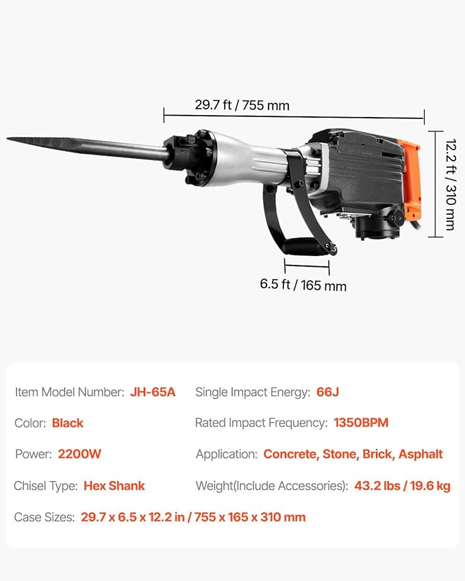 VEVOR Demolition Jack Hammer, MAX 2200W Electric Jackhammer Heavy Duty, 1350 BPM Concrete Breaker 2pcs Chisels Bit Chipping with Case, Black