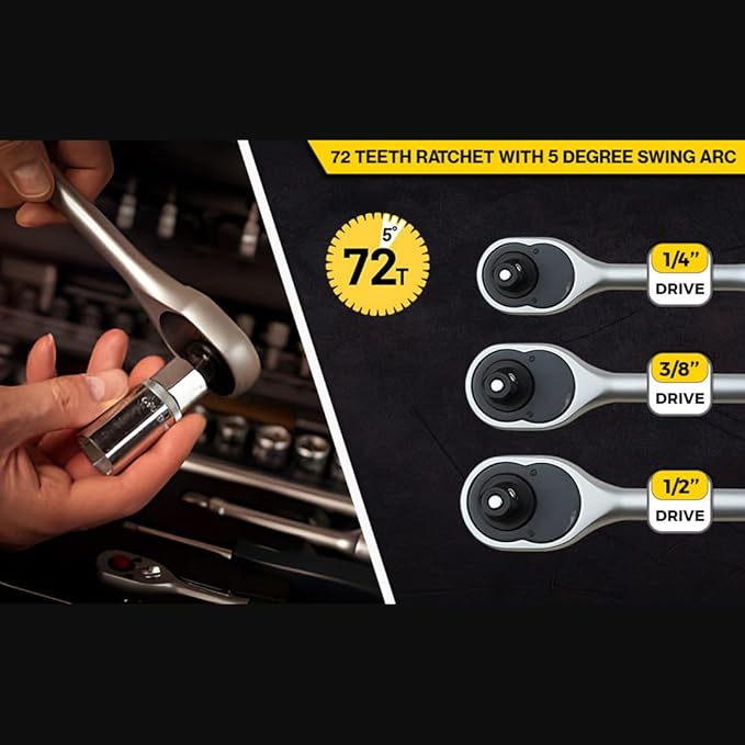 Socket Wrench, 3/8 Drive Ratchet Socket Wrench Dual Drive Ratchet Handles Wrenches with Soft Grip Locking Handle E-2203E