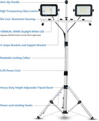 UFOND 10000 Lumen LED Work Light with Stand, Dual Head Work Light, Waterproof Lamp with Individual Switch, Adjustable Metal Telescoping Tripod with Power Cord （2 Pack）