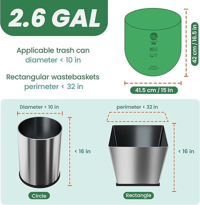 2.6 Gallon Compostable Trash Bags,240 Count Compost Trash Bags for Bedroom Kitchen Office Fit 10 Liter，Small Kitchen Food Scrap Waste Bags,ASTM D6400, US BPI & Europe OK compost HOME certified