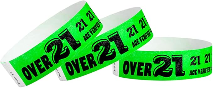 500 WristCo Over 21 Green - Tyvek Wristbands for Events - ¾” x 10” - Waterproof Recyclable Comfortable Tear Resistant Paper Bracelets Wrist Bands for Concerts Festivals Admission Party