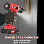 21V Power Drill Cordless Tool Kit Set, Electric Screwdriver Cordless Drill with Battery and Charger for Men Home, 3/8-Inch Keyless Chuck, Variable Speed, 24+1 Torque Setting with LED(Red)