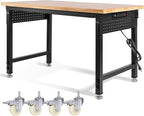 48" L×24”W Adjustable Workbench with Wheels, 28”-40”Height Heavy Duty Table 2000 LBS Load Capacity, Work Bench with Power Outlet & Pegboard, Rubber Wood Work Table for Garage, Office, Workshop