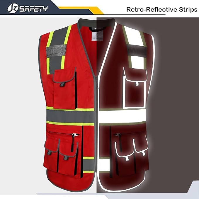 JKSafety 10 Pockets Hi-Vis Zipper Front Fluorescent Red Safety Vest | Cushioned Collar | High Reflective Tapes with Extended Neon Yellow Strips | Meets ANSI/ISEA Standards (X-Large, 89-Red)