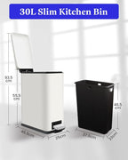 Kitchen Rubbish Bin, 30 L, Narrow Pedal Bin with Lid, Stainless Steel Kitchen Rubbish Bin with Inner Bucket, Rectangular Waste Bin for Kitchen, Bathroom, Bedroom, Office, White