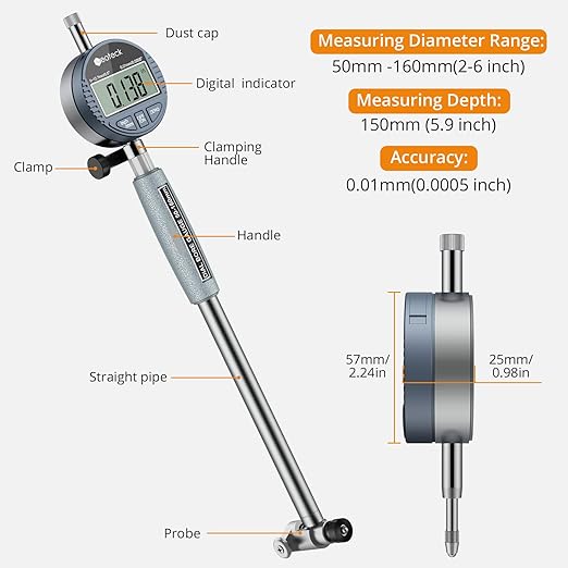 Neoteck Bore Gauge Set Digital Indicator Dial Bore Gauge (2-6"/0.0005") Measurement with Self-Centering Dial, Carbide Anvils,and Insulated Grips for Deep Engine Cylinder Measurement-Silver