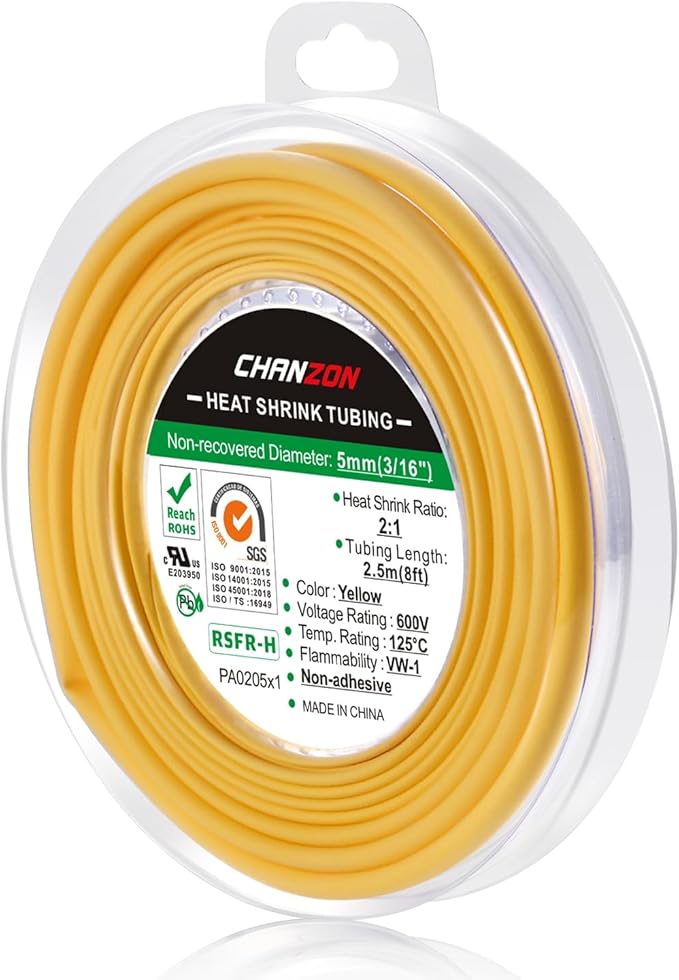 Chanzon 2:1 Ratio 3/16" (5mm) Heat Shrink Tubing 8Ft Roll (2.5M Total Length) Yellow Polyolefin Sleeving Wrap Shrinking 2 to 1 1pcs