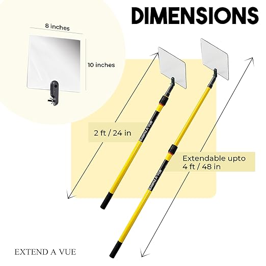 Telescoping Inspection Mirror - Standard Fiberglass, Lightweight & Durable, 2 ft - 4 ft Pole, 8 x 10 inch Acrylic Mirror