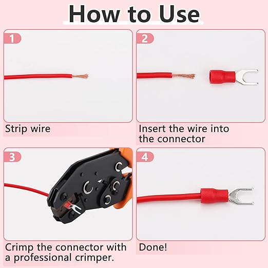 200 Pcs Insulated Fork Spade U-Type Wire Connectors, 22-16 AWG M4 Electrical Crimp Terminal, Stud Size #8 Size Red Butt Connectors