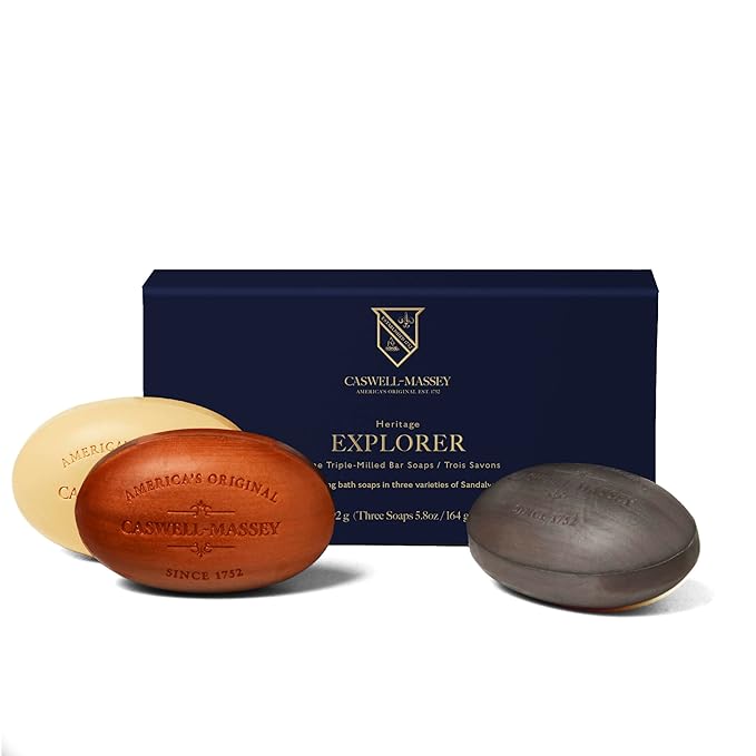 Caswell-Massey Men’s Bar Soap Gift Set - 2571, Woodgrain & Sandalwood - Moisturizing Triple-Milled Body Wash Bars for All Skin Types, Plant-Based & Essential Oils Formula, Made in USA, 3 x 5.8 oz
