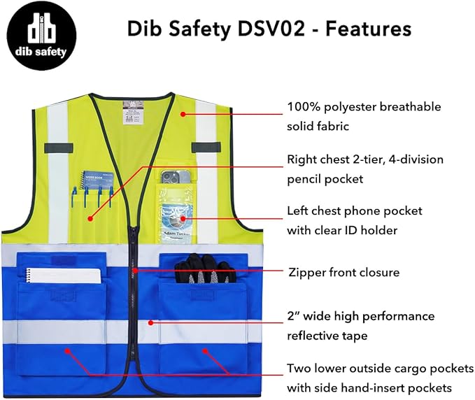 Dib Safety Reflective Vest High Visibility with Pockets and Zipper, Yellow and Blue L
