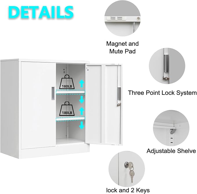 BESFUR Metal Storage Cabinet, 36"- White Locking Cabinet with Two Adjustable Shelves, Garage Storage Cabinet for Office, Garage, Home