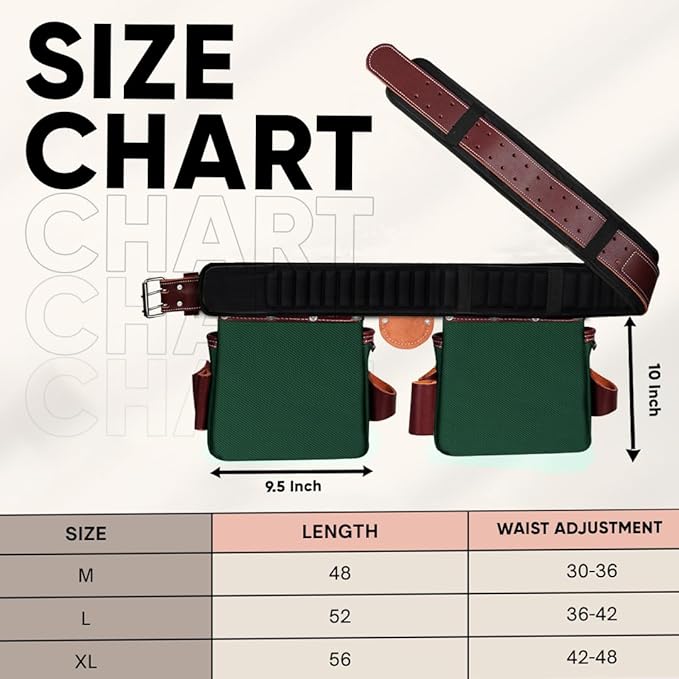FUERI Nylon Leather Tool Belt Supender for Men Heavy Duty 26 Pocket Tools Bags Pouches Holder Organizer for Carpenter Construction (Maroon & Green Tool Belt Suspender, Medium 30" - 36")