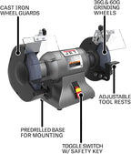 JET 8-Inch Industrial Bench Grinder, 3600 RPM, 1 HP, 115V 1Ph (Model IBG-8)