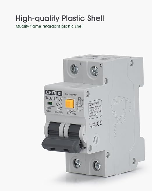 Ground Fault Circuit Breaker, 20 Amp 120V AC DIN Rail Mount Residual Current Circuit Breaker, Thermal-Magnetic Trip, Earth-Leakage Protection 30mA 1PN RCBO C20