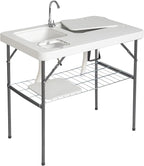 Outvita Folding Portable Camping Sink Table with Sink Faucet, Drainage Hose & Grid Rack, White
