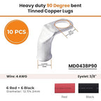 SELTERM 10pcs - 4 AWG 3/8" Stud - 90° Bent Battery Lugs - Ring Terminal Connectors with 12pcs 3:1 Black & Red 1/2" Heat Shrink Tubing - Heavy Duty Battery Cable Ends - Tinned Copper Wire Connector Kit