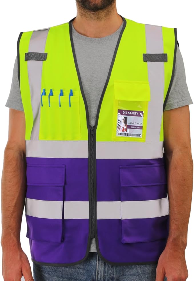 Dib Safety Reflective Vest High Visibility with Pockets and Zipper, Yellow and Purple 3XL