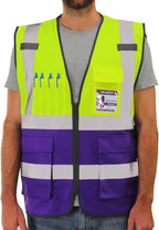 Dib Safety Reflective Vest High Visibility with Pockets and Zipper, Yellow and Purple 2XL