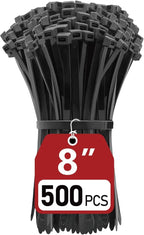 Zip Ties Heavy Duty 8 inch (500 Pack), Heavy Duty Cable Ties with 120 lb Tensile Strength for Outdoor Use, Black Wire Ties, Paloka