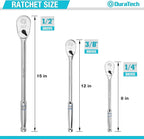 DURATECH 3-Piece Extra Long Drive Ratchet Handle, 1/4", 3/8", 1/2" 90-Tooth Ratchet Wrench with Dust Proof Teardrop Enclosed Head, Reversible, CR-V Steel Made, CR-MO Head, Full Polished, Gifts for Men