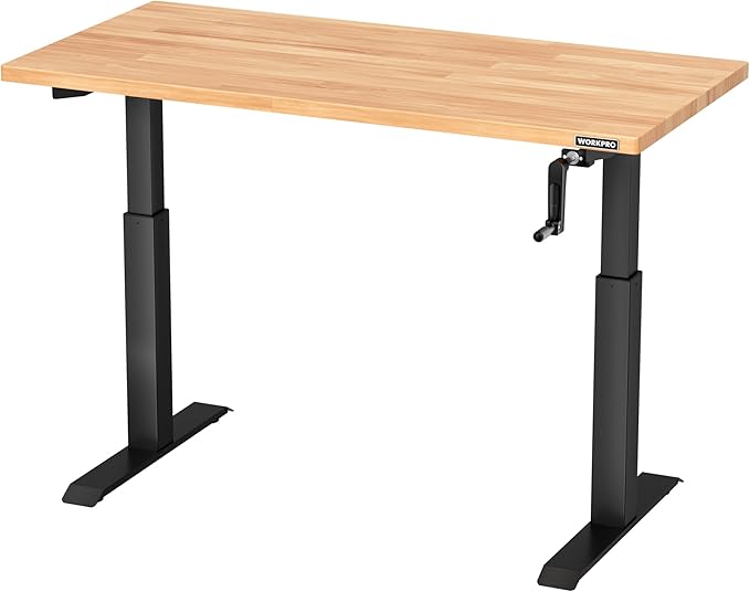 WORKPRO Adjustable Workbench with Crank Handle, 47.2" x 23.6" Rubber Wood Worktable 300LBS Load Capacity,Height-Adjustable Standing Desk for Workshop, Garage