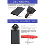 74PCS 1 3/4 5/8 1/2 3/8 Inch 3:1 Heat Shrink Tubings Assortment Kit Heavy Duty Dual-Wall Adhesive Lined Waterproof Marine Grade Black