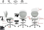 Kaleurrier Adjustable Stools Drafting Chair with Backrest & Foot Rest,Tilt Back,Swivel Seat,Rolling Wheels,for Studio,Dental,Office,Salon and Counter,Armless Tall Home Desk Chairs (Grey)