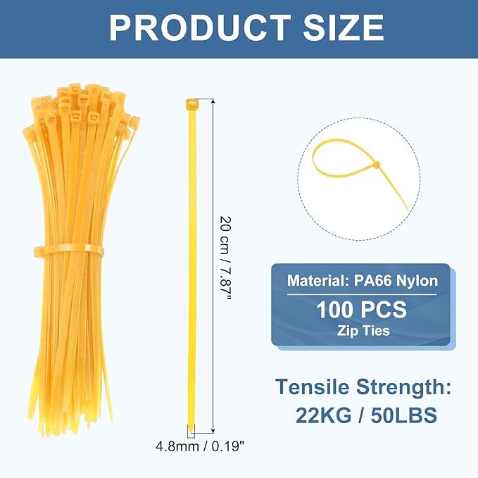 PATIKIL Cable Zip Ties 8 Inch, 100 Pcs Self-Locking Nylon Wire Tie Wraps Heavy Duty Cord Management with 50 lbs Tensile Strength for Indoor and Outdoor, Yellow (0.2"W)
