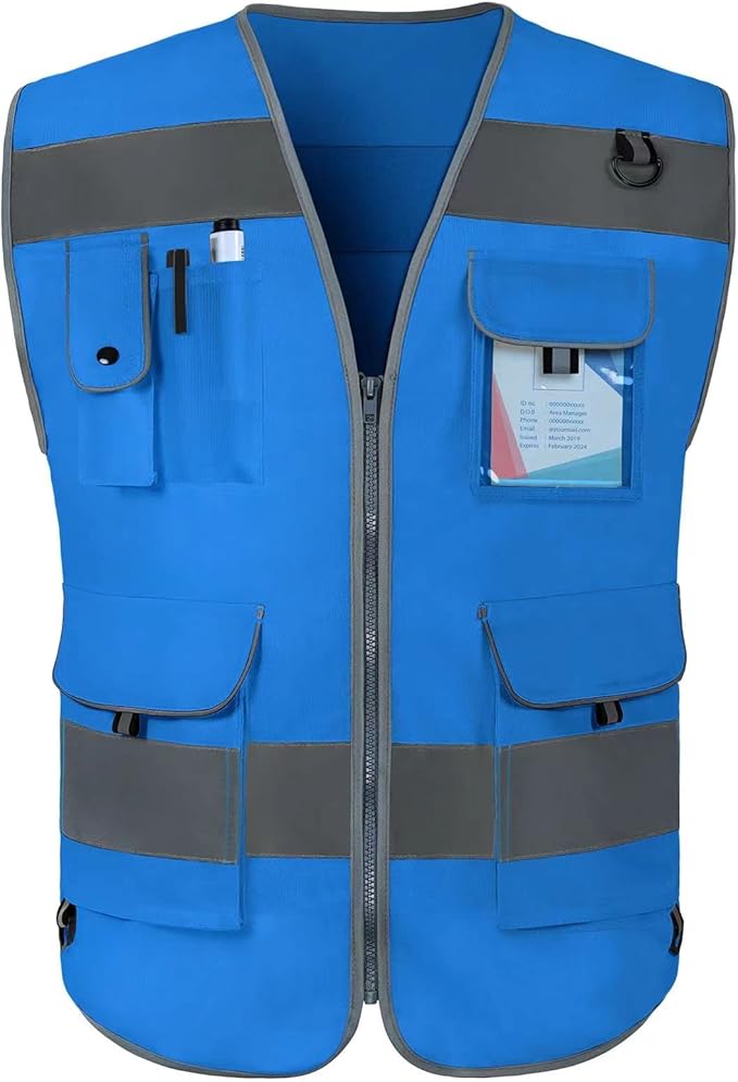 TCCFCCT High Visibility Safety Vest for Men Women 9 Pockets Hi Vis Reflective Vest for Safety, Work Vest with Reflective Strips, Meets ANSI/ISEA Standards, (Blue, 5X-Large)